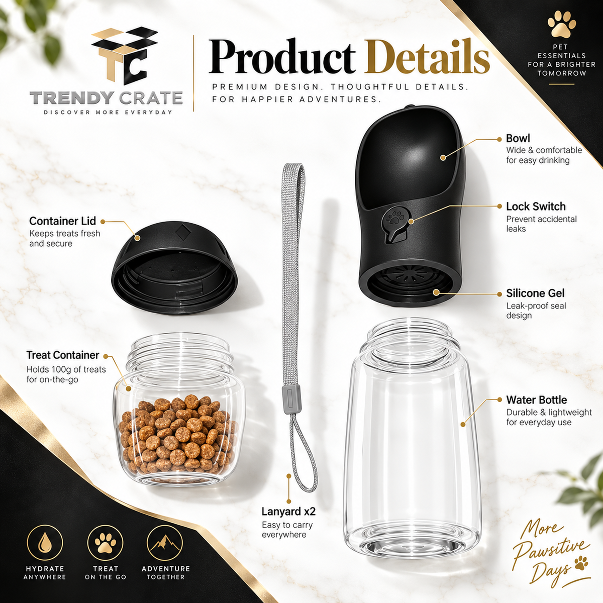 Portable Dog Water Bottle with Food Container, Drinking Bottle for Travel