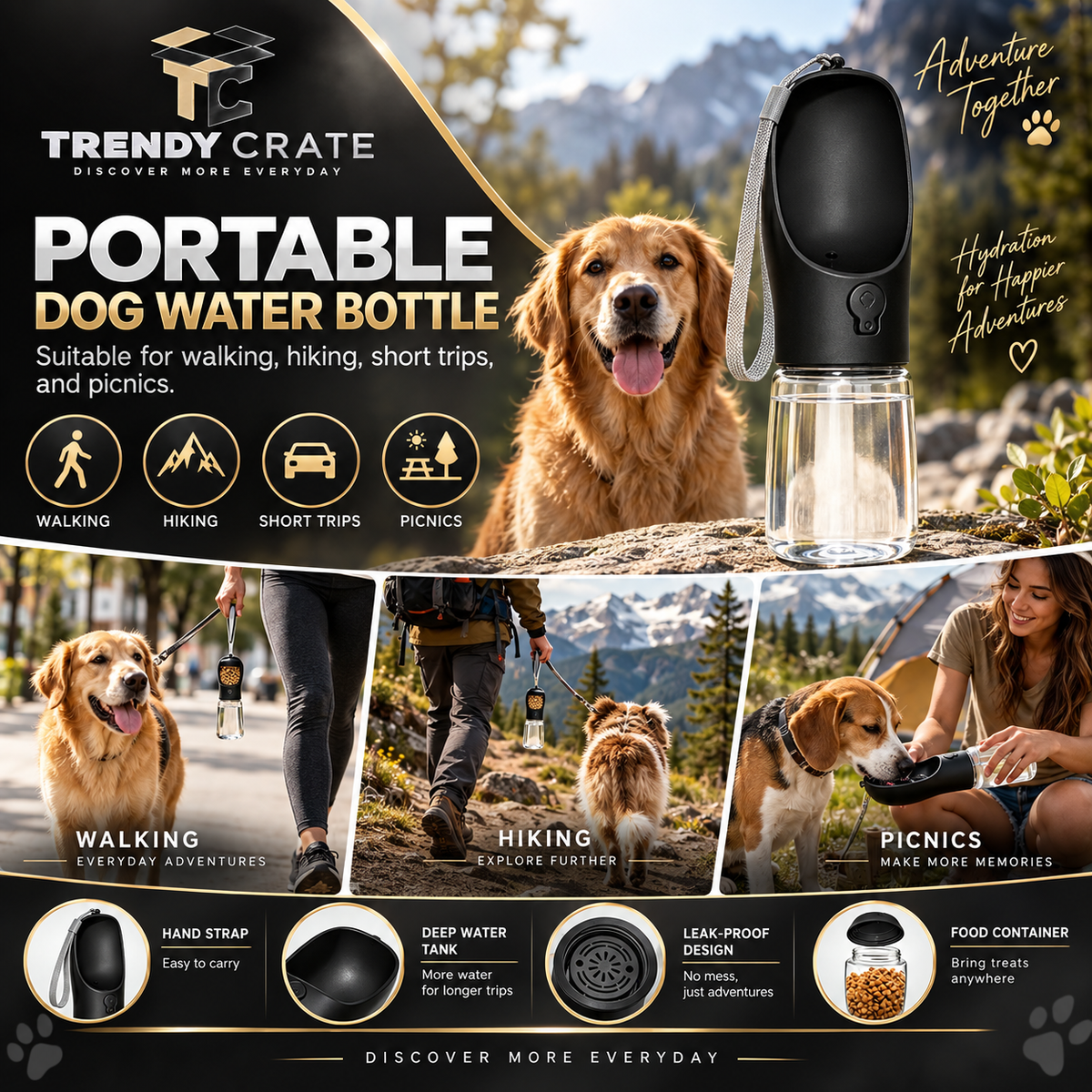Portable Dog Water Bottle with Food Container, Drinking Bottle for Travel